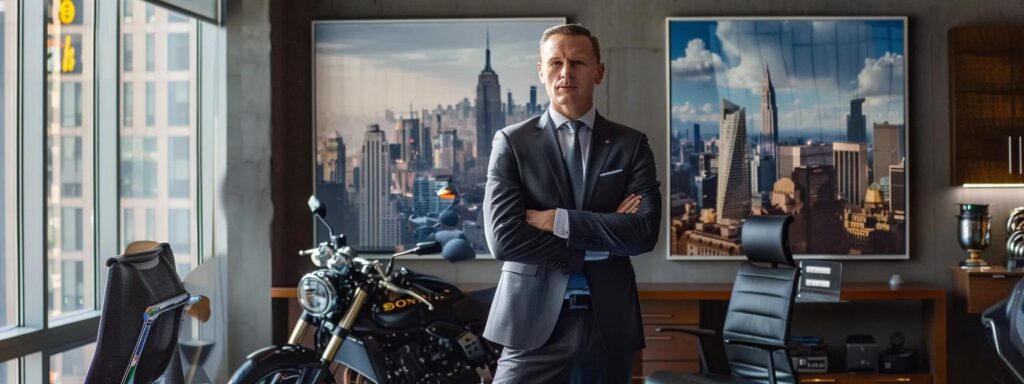 a-a-powerful-motorcycle-accident-ed0ce45d-9f837f54-87b2-42a7-bf1d-078ee5d3ce05.webp a powerful motorcycle accident lawyer stands confidently in a sleek, modern office adorned with city skyline artwork, exuding authority and determination as they prepare to advocate for their clients.