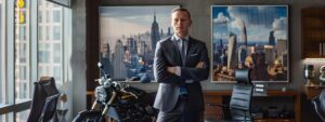 a powerful motorcycle accident lawyer stands confidently in a sleek, modern office adorned with city skyline artwork, exuding authority and determination as they prepare to advocate for their clients.