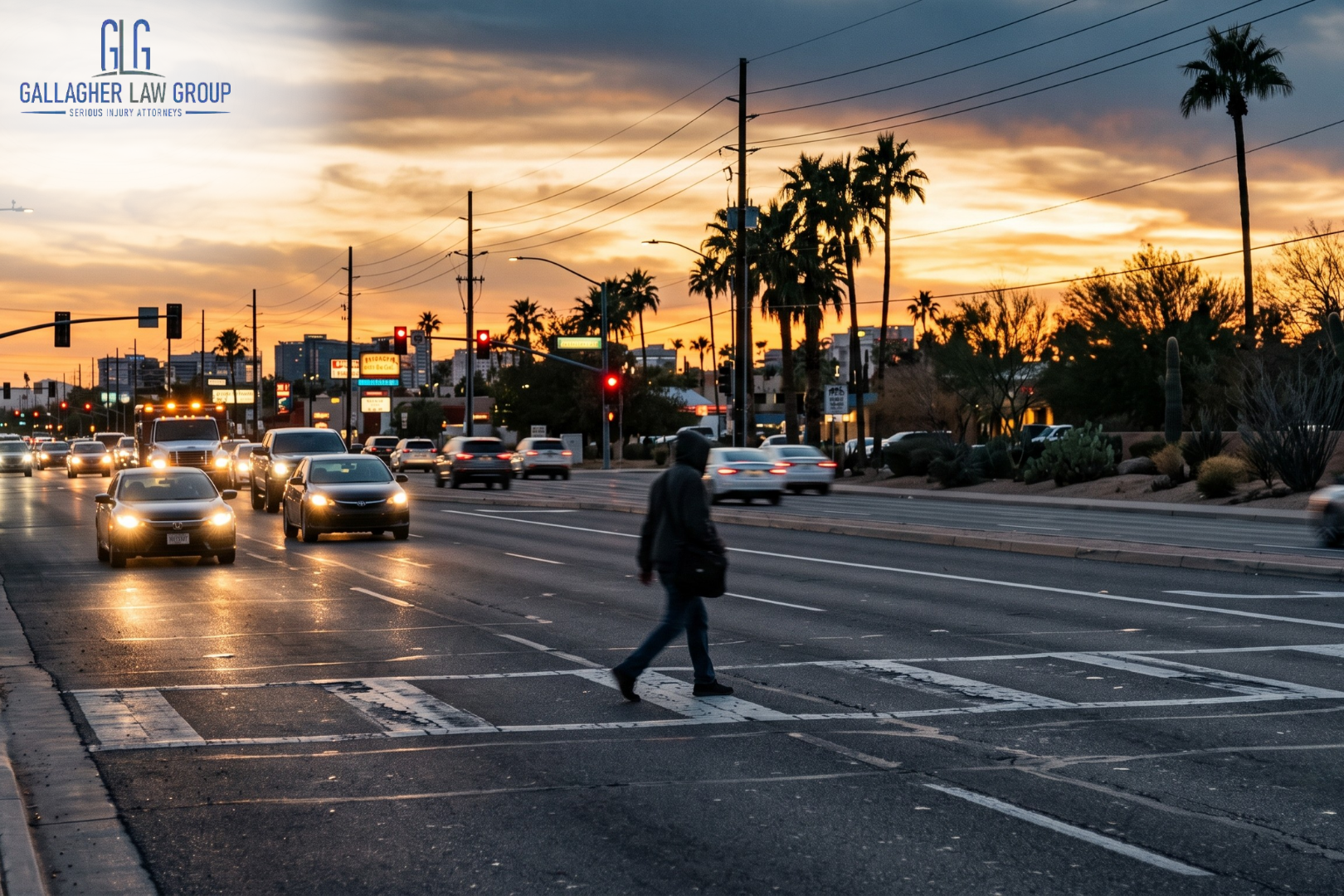 Pedestrian crossing a wide, busy Phoenix intersection at dusk near an unmarked crosswalk