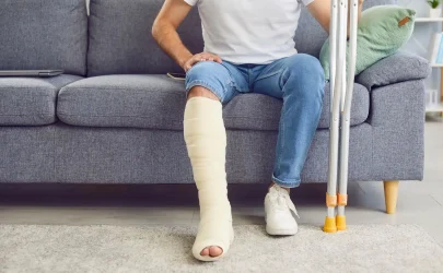 Person sitting on a couch with a leg cast, illustrating a serious injury that could be worsened in a car accident.